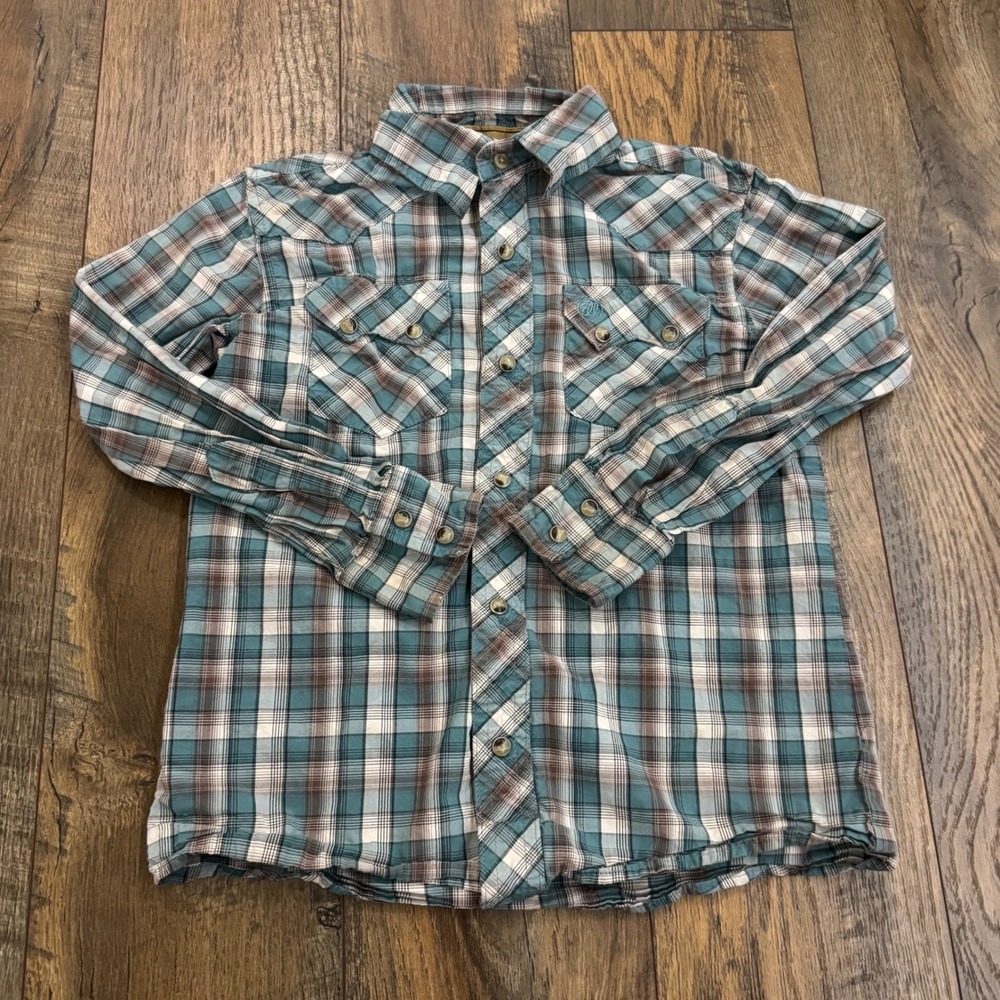 Wrangler Retro Boy Western Snap Shirt Teal Brown Plaid Size M 7-8 Cowboy Ranch